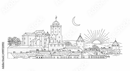 A whimsical line drawing of a fortified town with a prominent tower under a crescent moon and sunrise
