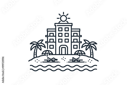 Beachfront Hotel Resort Line Art Icon Vector Illustration Featuring Tropical Palm Trees, Sun, Beach Umbrellas, and Lounge Chairs on a Sunny Coastline for Summer Vacation and Travel Design Projects