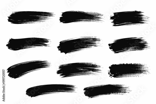 Set of Black Ink Brush Strokes and Grunge Paint Textures for Artistic Design; Hand Drawn Vector Elements with Bristle Texture for Calligraphy, Watercolor, and Abstract Background Illustrations.