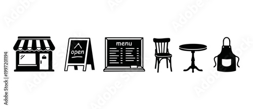 Restaurant Cafe Icon Set Vector Illustration Symbols for Food Business Shopfront Sandwich Board Menu Chair Table and Apron Graphic Elements for Branding Marketing Design Isolated on White Background M