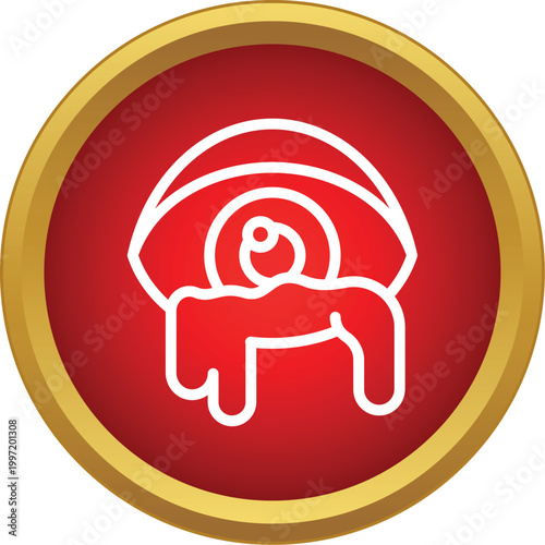 Eye bleeding concept on a red round button with golden frame