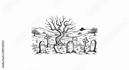 A spooky graveyard with a bare tree and rolling hills, a cowboy hat rests on a hill