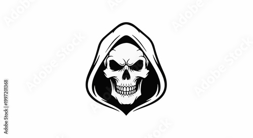 A spooky skull in a hooded cloak, with sharp teeth and vacant eyes