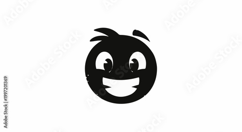 A stylized, black and white cartoon face with a wide, happy smile
