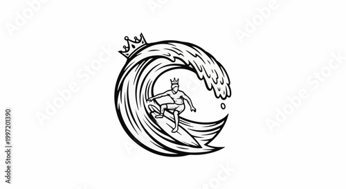 A surfer with a crown rides a breaking wave, with a crown atop the wave