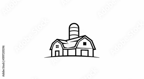 A stylized black and white drawing of a barn with a silo
