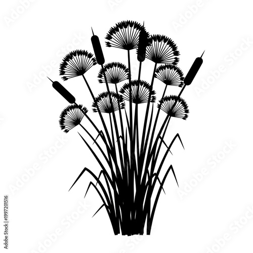 Black and white illustration of cattails and reeds in a marshy environment.