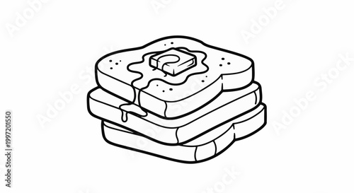 A stack of three toasted bread slices with melting butter and syrup