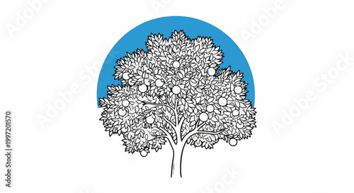 A stylized, black and white illustration of a leafy fruit tree bearing round fruits, set against a blue semi-circle