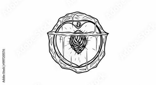 A stylized black and white drawing of a peach, halved, revealing its pit