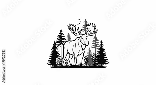 A stag with large antlers stands in a forest under a crescent moon