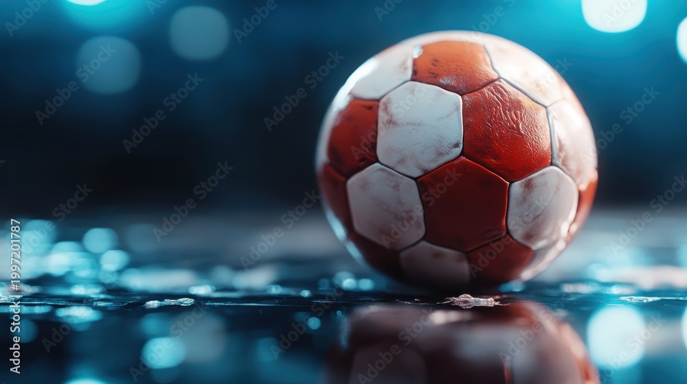 Naklejka premium This image features a close-up of a weathered red and white soccer ball, surrounded by a soft blue background and subtle bokeh effects that enhance its vibrant appearance.