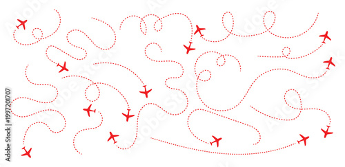 Airplane Flight Path and Travel Route Icon Set. Plane paths. Aircraft tracking, planes, travel, map pins, location pins. Romantic travel, heart dashed line trace and plane routes.