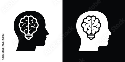 A profile silhouette of a human head containing a glowing brain-shaped lightbulb. Represents human intelligence, innovation, cognitive development, psychology, and creative thought processes.