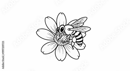 A stylized black and white illustration of a bee collecting nectar from a daisy