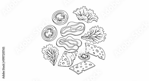 A sketch of raw burger ingredients including meat, cheese, tomato slices, and lettuce