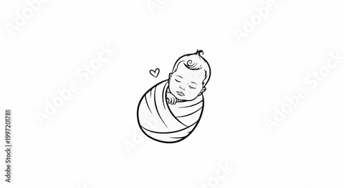 A sleeping baby is swaddled snugly in a blanket, with a small heart above its head