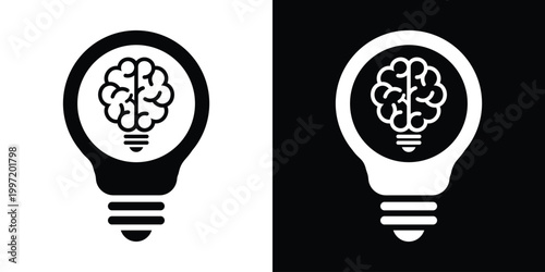 A minimalist flat vector icon of a lightbulb with a brain inside. Conceptually represents bright ideas, creative thinking, innovation, problem-solving, and intellectual growth.
