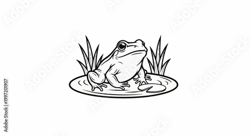 A stylized black and white illustration of a frog sitting on a lily pad