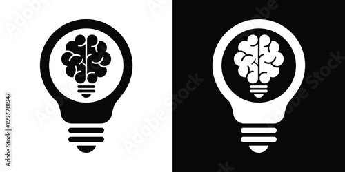 A minimalist flat vector icon of a lightbulb with a brain inside. Conceptually represents bright ideas, creative thinking, innovation, problem-solving, and intellectual growth.