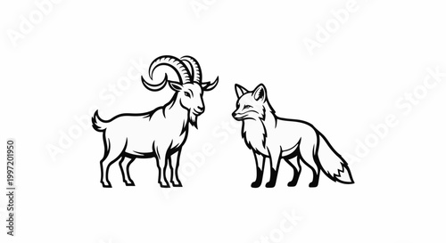 A stylized black and white illustration of a goat and a fox standing