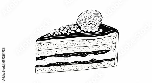 A slice of rich layered cake with walnuts and chocolate glaze