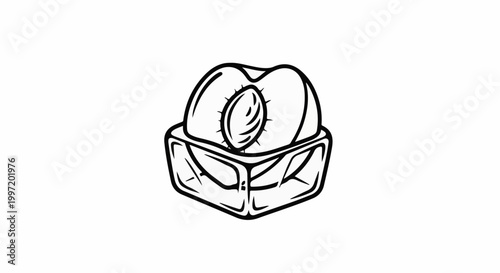 A stylized black and white illustration of a halved peach in a geometric dish