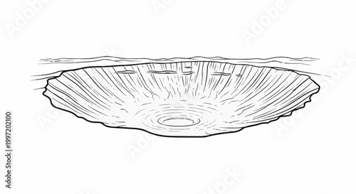 A stark black and white line drawing depicts a large, irregular crater with a central whirlpool