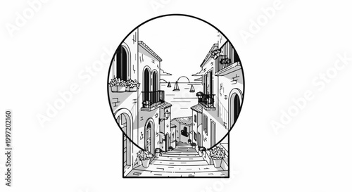 A whimsical sketch of a sunlit European seaside town alley with sailboats