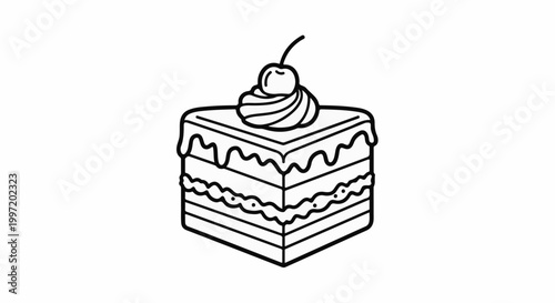 A single slice of layered cake with frosting and a cherry on top