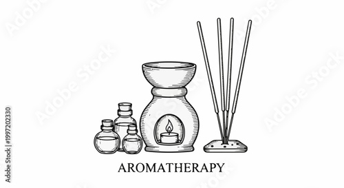 A sketch depicting aromatherapy items including essential oil bottles, a burner with a lit candle, and incense sticks