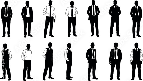 Professional Businessman Silhouette Collection Set Featuring Various Formal Suit Poses Standing Gestures and Corporate Attire Illustrations for Business Graphic Design Projects
