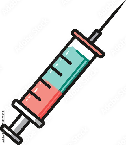modern icon of a medical healthcare and medicine syringe containing two liquids, representing science and treatment, available in vector format for easy customization