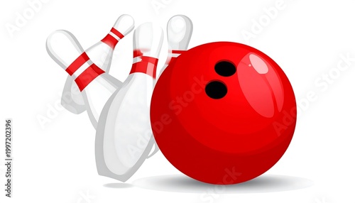 Red bowling ball strikes white pins with red stripes, depicted in a cartoon-like style with a white background