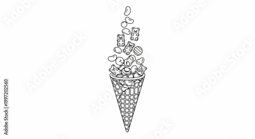 A waffle cone overflowing with gummy bears, jelly beans, and round candies