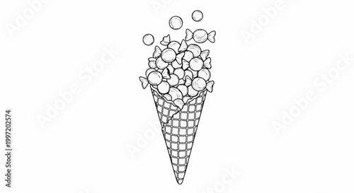 A waffle cone overflowing with an assortment of wrapped candies and some loose
