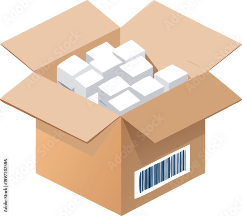 open cardboard box filled with white cubes