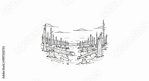 A stark black and white sketch depicts a barren landscape of fallen trees and stumps