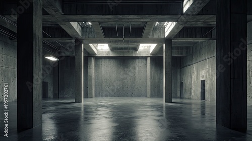 Empty underground parking garage or industrial basement with large concrete columns, beams, and skylights reflecting on the wet floor, creating a stark, minimalist environment