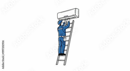 A technician installs an air conditioner while standing on a ladder