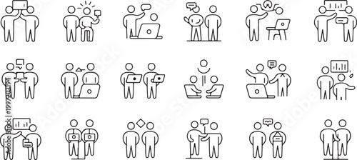 teamwork line icons set business collaboration leadership presentation