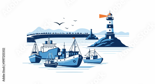 A stylized maritime scene features a lighthouse and several boats at sea