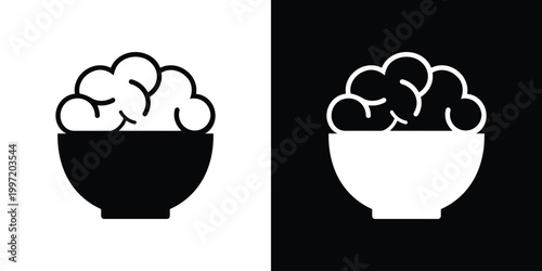 A simple icon featuring a human brain placed inside a bowl. A conceptual illustration representing "brain food," mental nourishment, mindful eating, cognitive health, and psychological well-being.