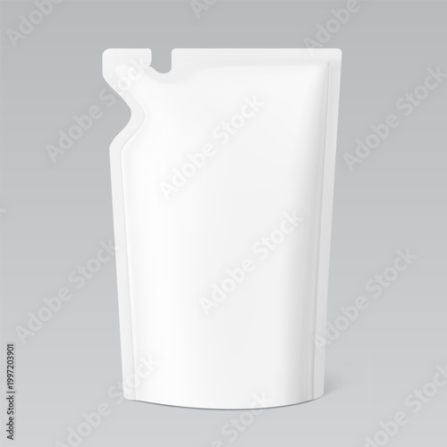 Pouch bag with torn curve corner mockup. Vector illustration isolated on grey background. Can be use for refilling soap, liquids. The corner is easy to tear off by hand. EPS10. 