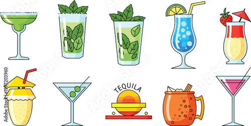Tropical and Cocktail Drink Vector Set Featuring Margarita, Mojito, Tequila, and Refreshing Summer Beverages for Bar and Party Illustrations