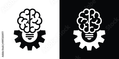 Flat vector icon of a lightbulb brain mounted on a mechanical gear. Symbolizes creative engineering, technical problem-solving, innovative design, mechanical intelligence, and industrial thought.