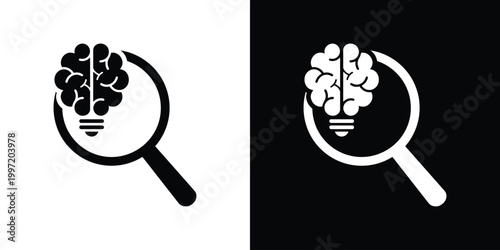 A flat vector icon featuring a brain-shaped lightbulb inside a magnifying glass. Symbolizes research, analytical thinking, discovery, and creative idea exploration in a clean, minimalist style.