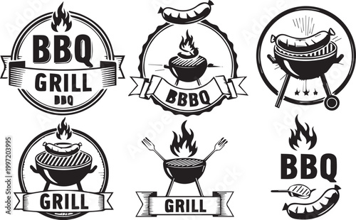 Vintage BBQ grill emblems and badges collection in black and white
