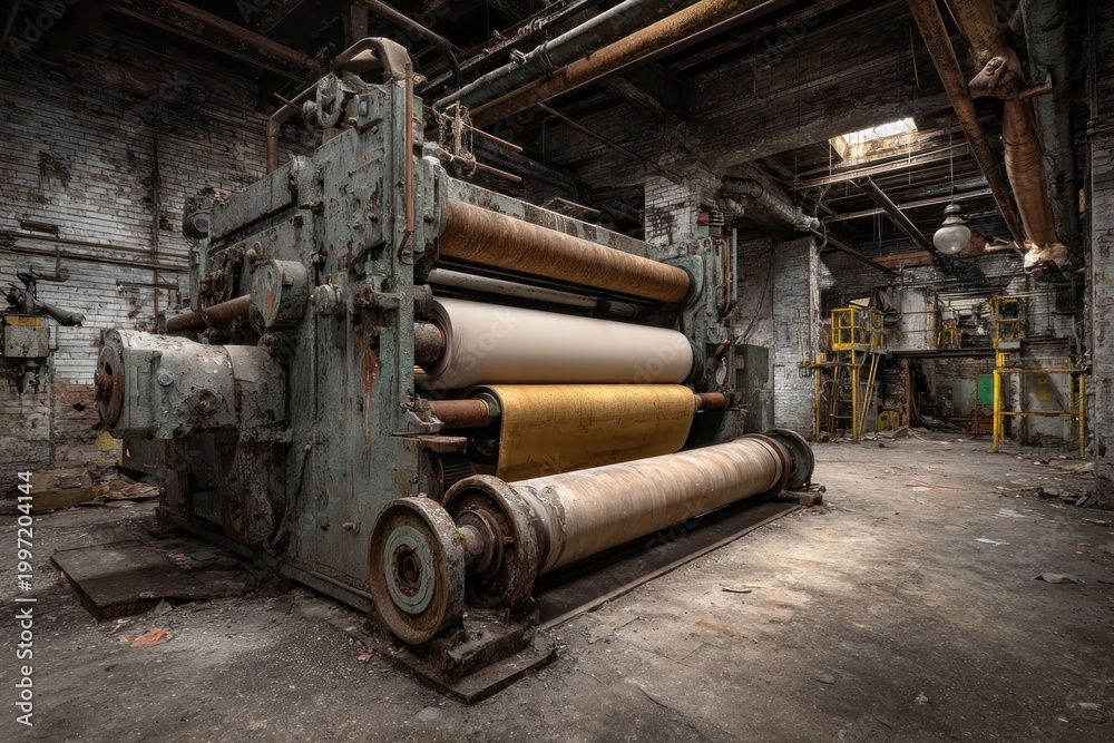 Fototapeta premium Decaying industrial machine in abandoned warehouse