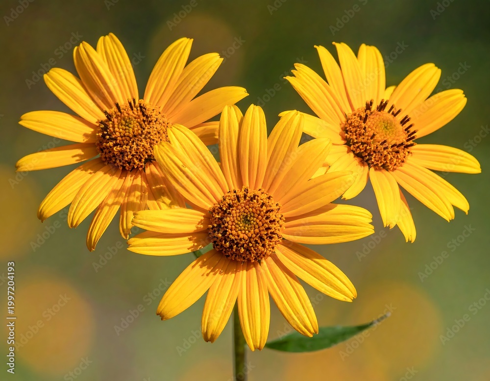 Fototapeta premium Three Yellow Flowers in Blooming Garden.